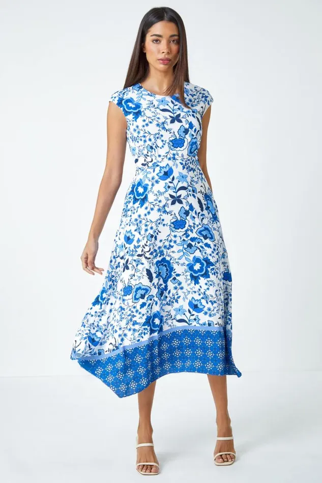 Blue Sleeveless Floral Border Print Midi Dress Women Roman Dresses