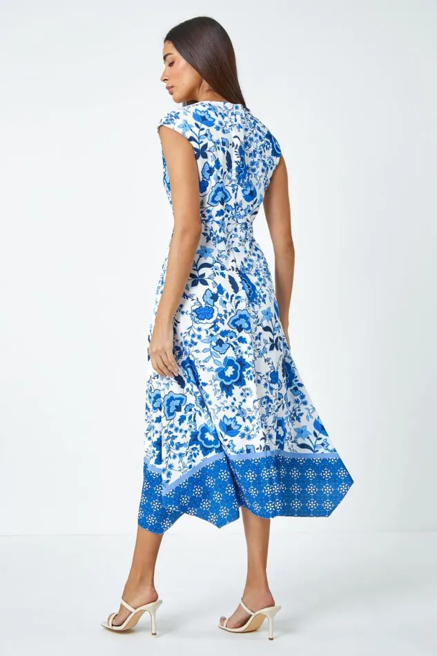 Blue Sleeveless Floral Border Print Midi Dress Women Roman Dresses