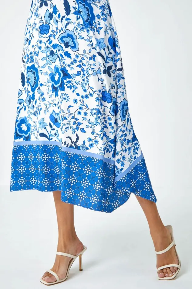 Blue Sleeveless Floral Border Print Midi Dress Women Roman Dresses
