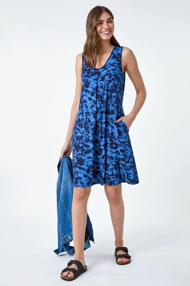 Blue Tie Dye Stretch Pocket Swing Dress Women Roman Dresses