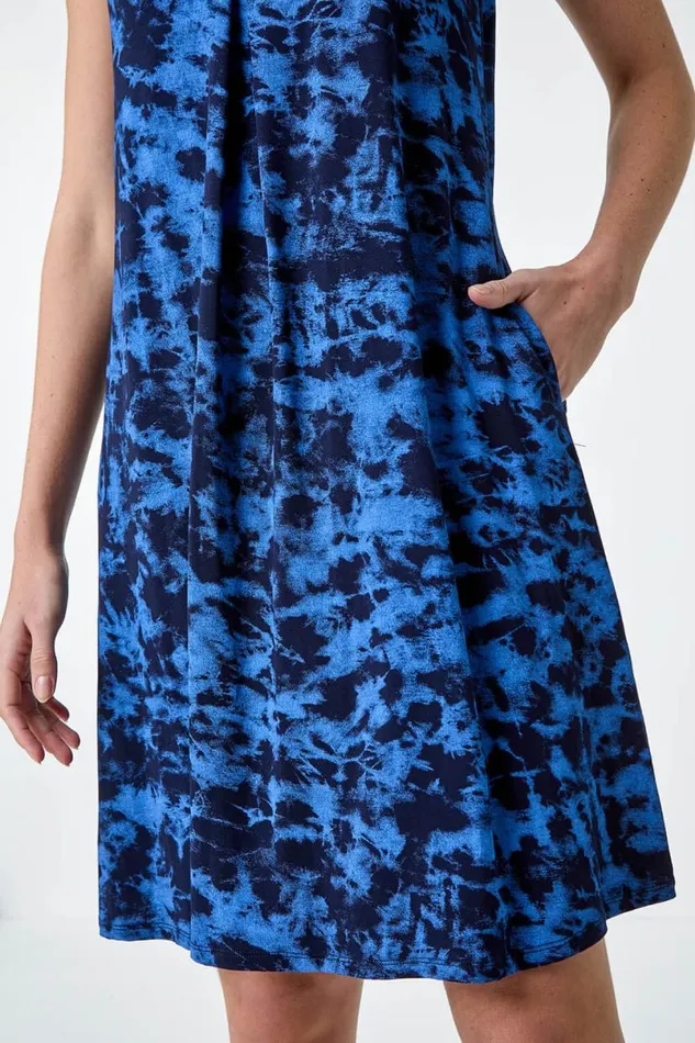Blue Tie Dye Stretch Pocket Swing Dress Women Roman Dresses