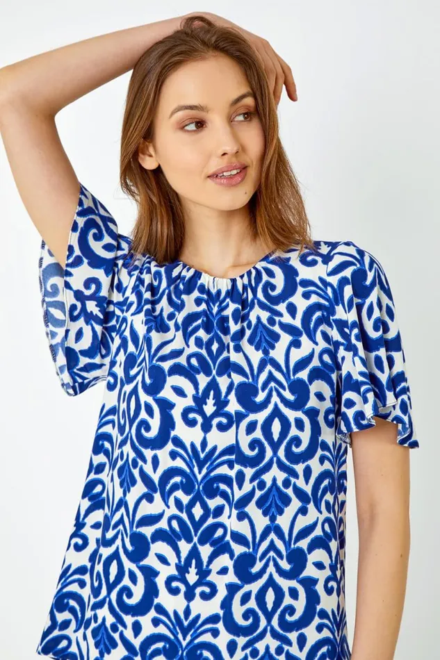 Blue Tile Print Pleat Detail Top Women Roman Tops