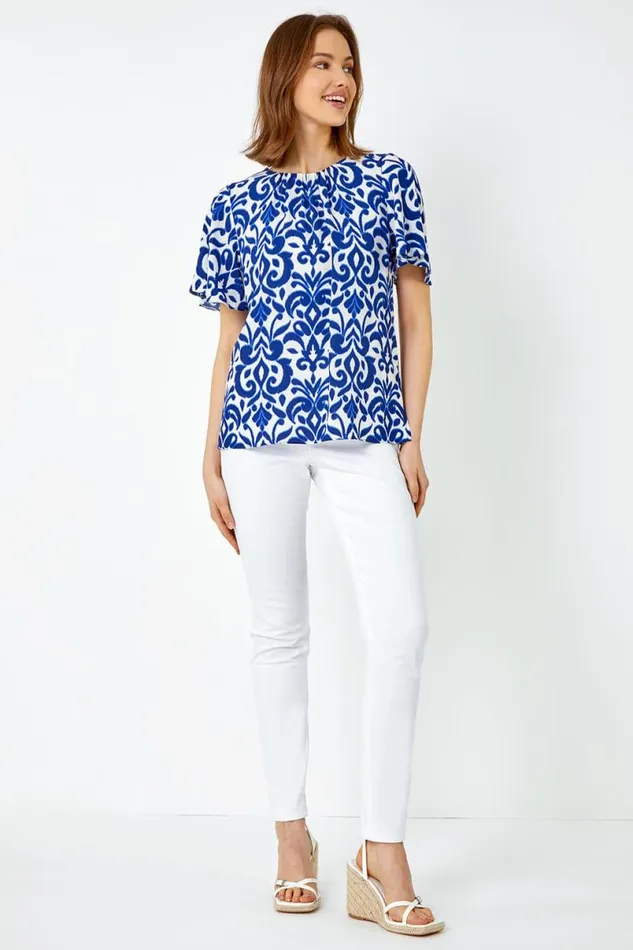 Blue Tile Print Pleat Detail Top Women Roman Tops