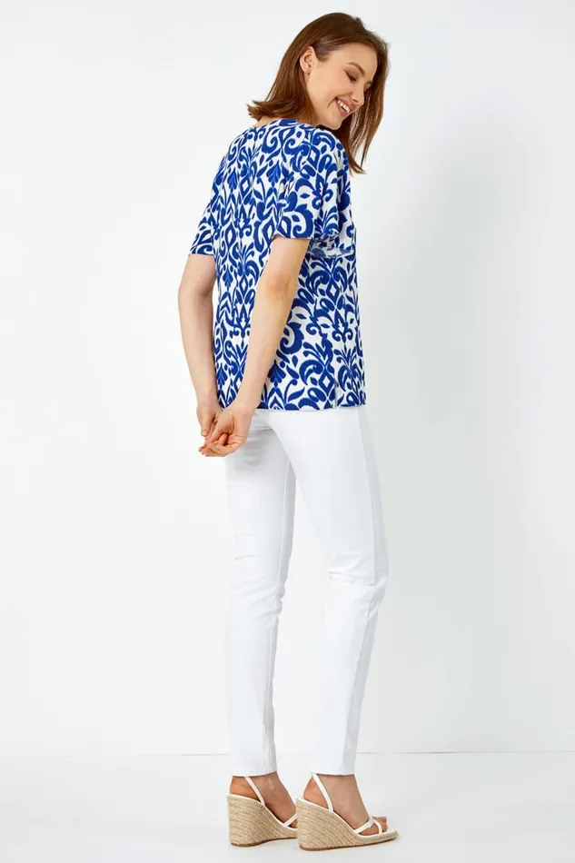 Blue Tile Print Pleat Detail Top Women Roman Tops