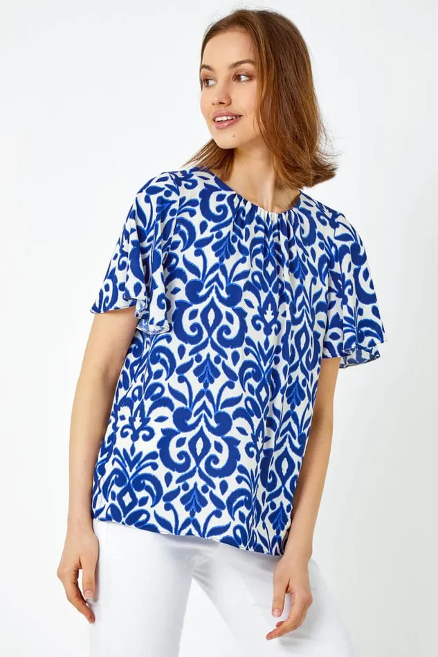 Blue Tile Print Pleat Detail Top Women Roman Tops