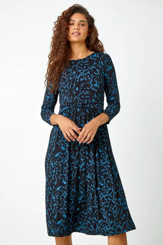 Blue Twist Waist Animal Print Stretch Dress Women Roman Dresses