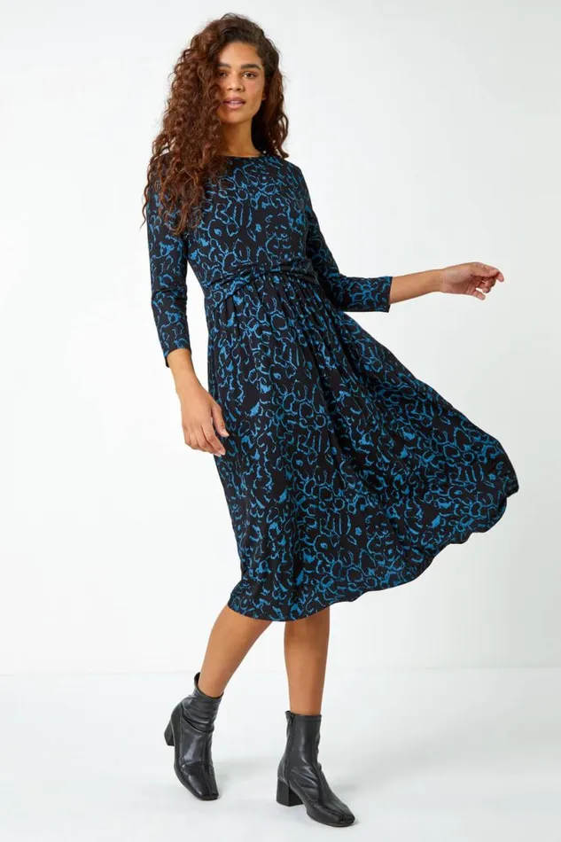 Blue Twist Waist Animal Print Stretch Dress Women Roman Dresses