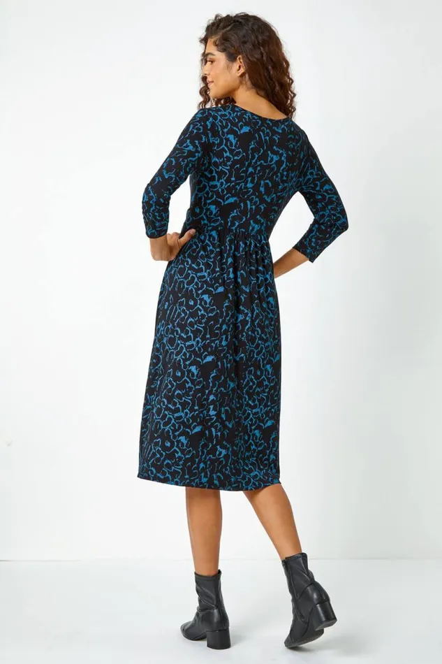 Blue Twist Waist Animal Print Stretch Dress Women Roman Dresses