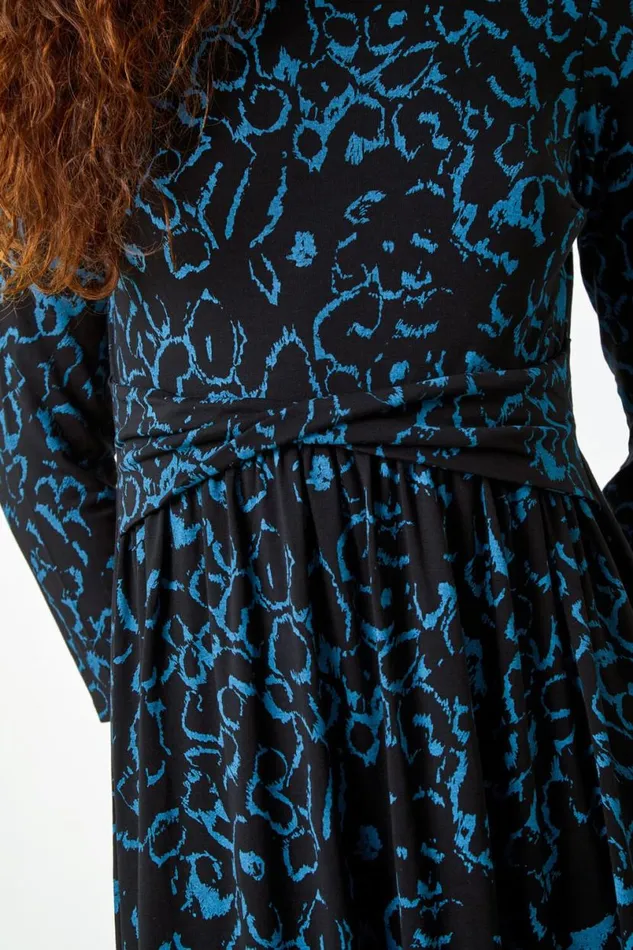 Blue Twist Waist Animal Print Stretch Dress Women Roman Dresses