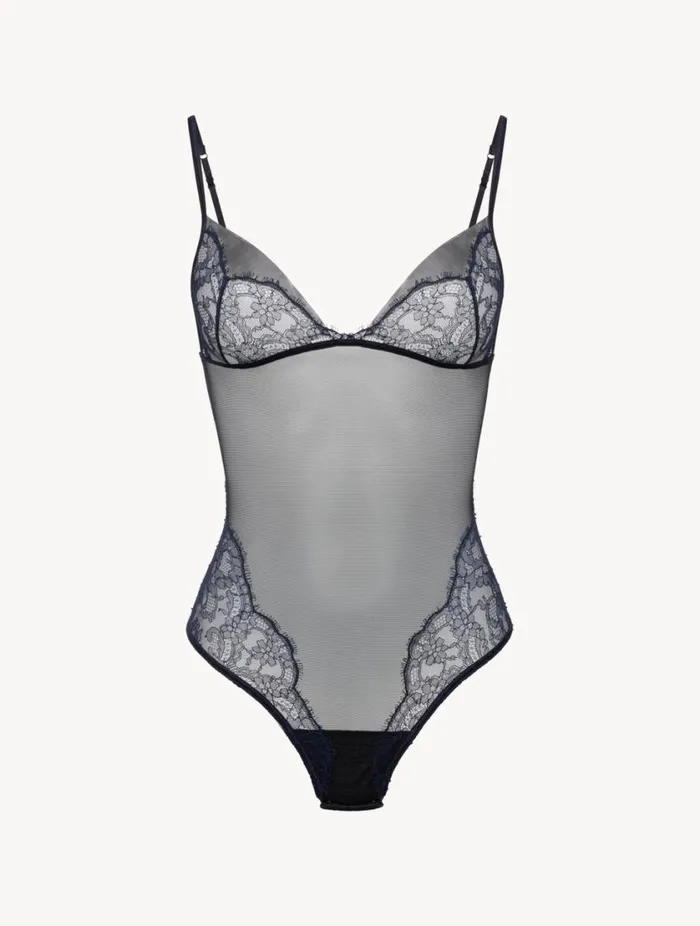 Bodysuit In Steel Blue And Black With Leavers Lace Lingerie La Perla Bodysuits and Bustiers