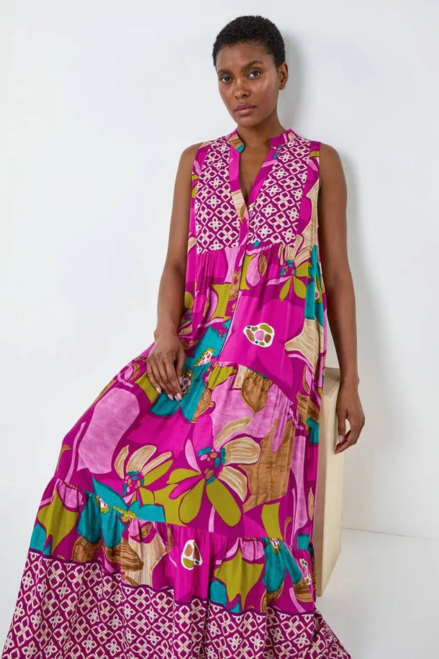 Boho Floral Print Smock Maxi Dress Women Roman Dresses