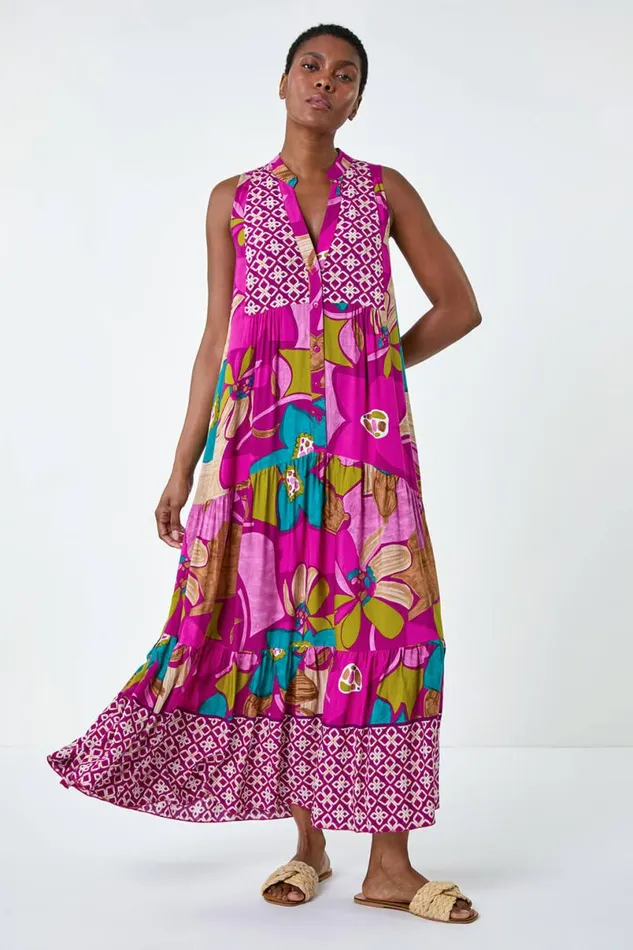 Boho Floral Print Smock Maxi Dress Women Roman Dresses