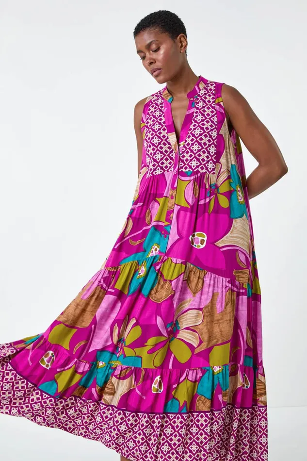 Boho Floral Print Smock Maxi Dress Women Roman Dresses