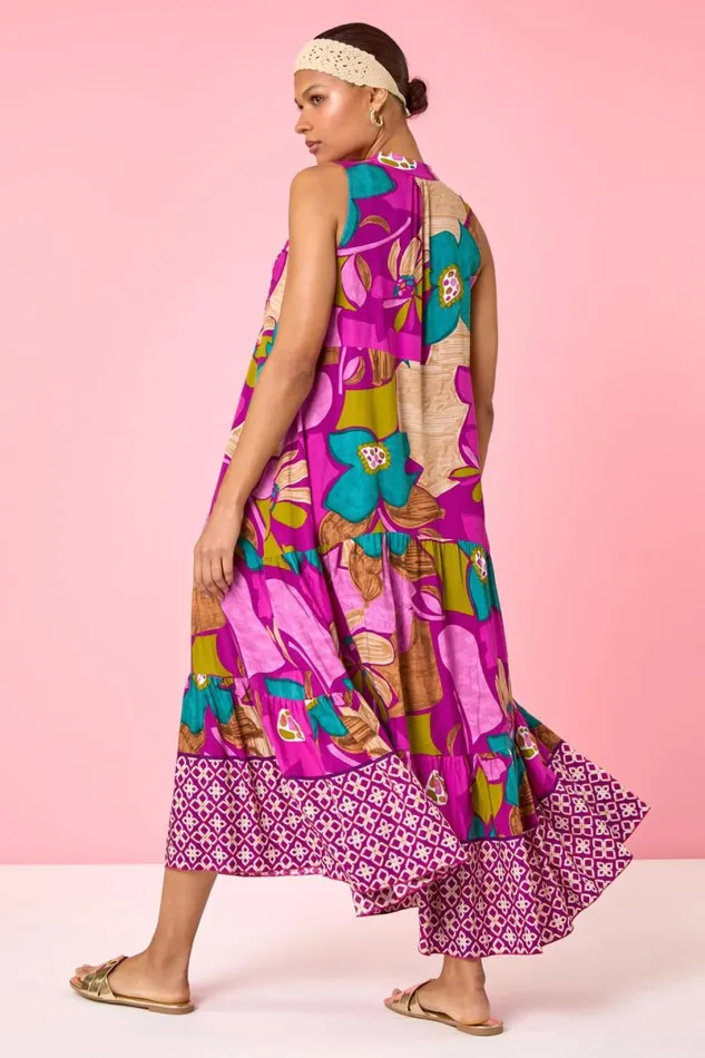 Boho Floral Print Smock Maxi Dress Women Roman Dresses