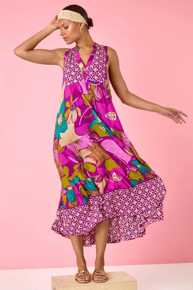 Boho Floral Print Smock Maxi Dress Women Roman Dresses
