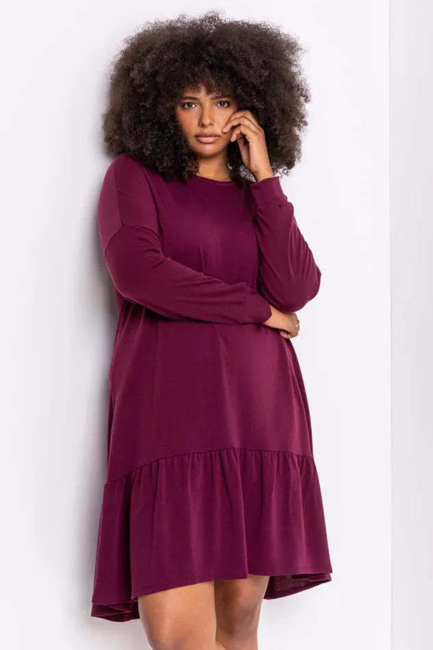 Bordeaux Curve Frill Hem Long Sleeve Dress Women Roman Dresses