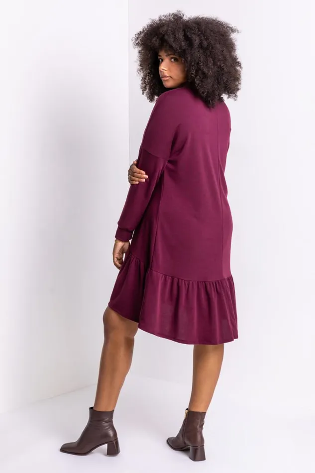 Bordeaux Curve Frill Hem Long Sleeve Dress Women Roman Dresses