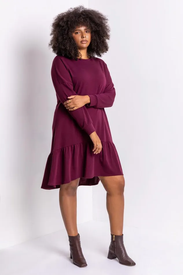 Bordeaux Curve Frill Hem Long Sleeve Dress Women Roman Dresses