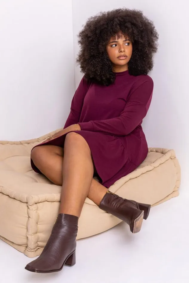 Bordeaux Curve Frill Hem Long Sleeve Dress Women Roman Dresses