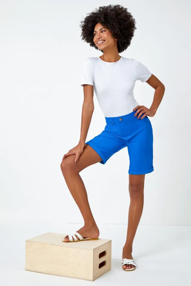 Bright Blue Elastic Waist Turn Up Stretch Shorts Women Roman Coords