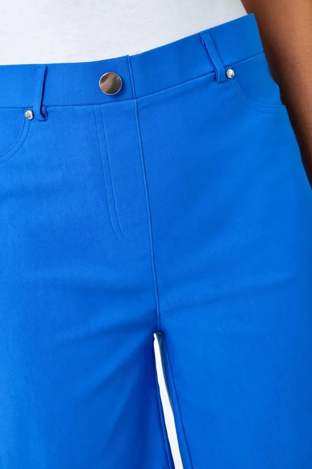 Bright Blue Elastic Waist Turn Up Stretch Shorts Women Roman Coords
