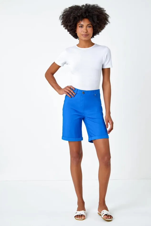 Bright Blue Elastic Waist Turn Up Stretch Shorts Women Roman Coords
