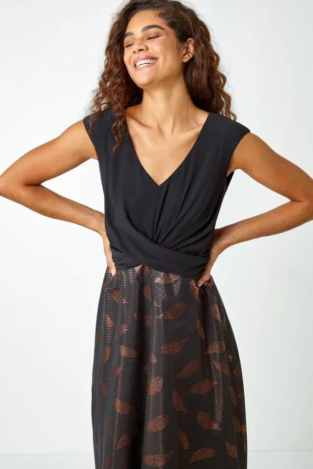 Bronze Metallic Feather Print Skater Dress Women Roman Dresses