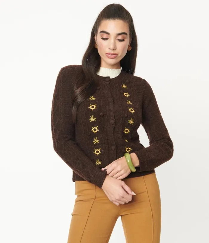 Brown and Sunflowers Cardigan Clothing Unique Vintage Sweaters and Cardigans
