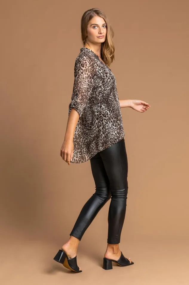 Brown Animal Print Chiffon Blouse Women Roman Tops