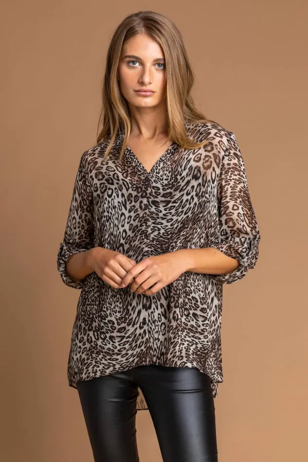 Brown Animal Print Chiffon Blouse Women Roman Tops