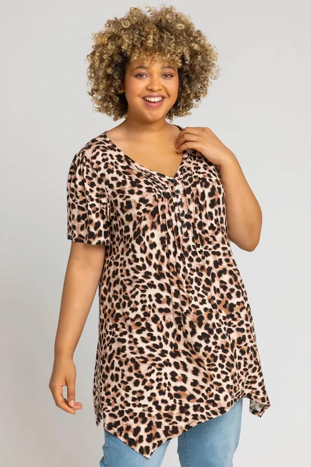 Brown Curve Animal Print Hanky Hem Top Women Roman Tops