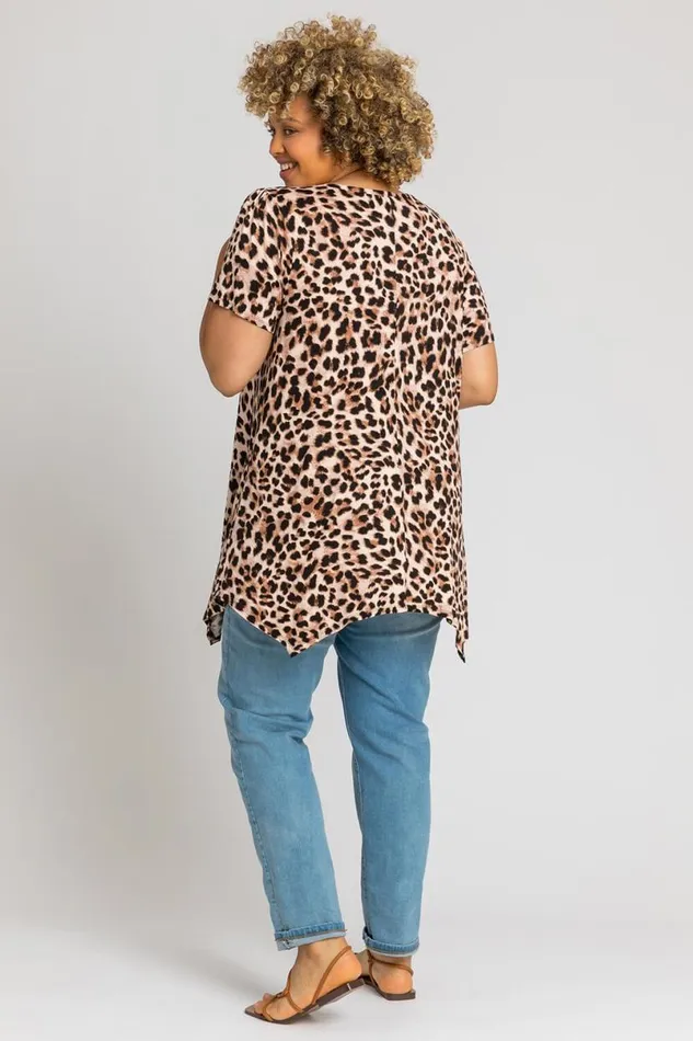 Brown Curve Animal Print Hanky Hem Top Women Roman Tops