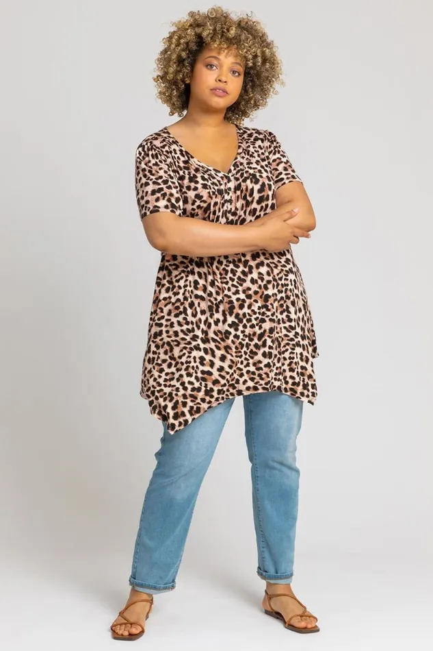 Brown Curve Animal Print Hanky Hem Top Women Roman Tops