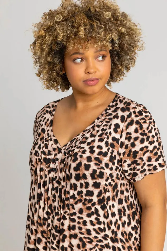 Brown Curve Animal Print Hanky Hem Top Women Roman Tops
