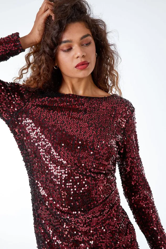 Burgundy Ruched Waist Sequin Dress Women Roman Dresses