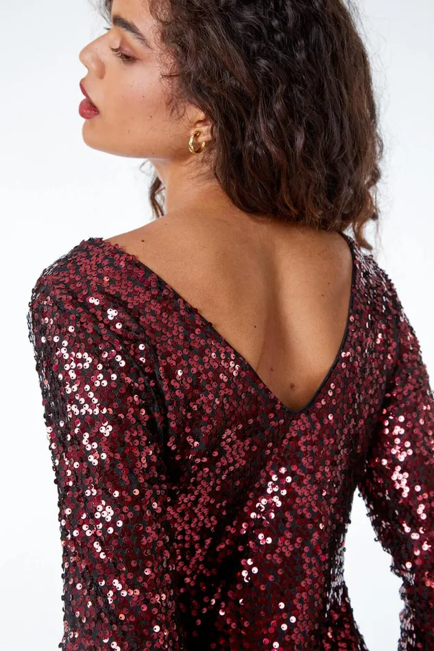 Burgundy Ruched Waist Sequin Dress Women Roman Dresses