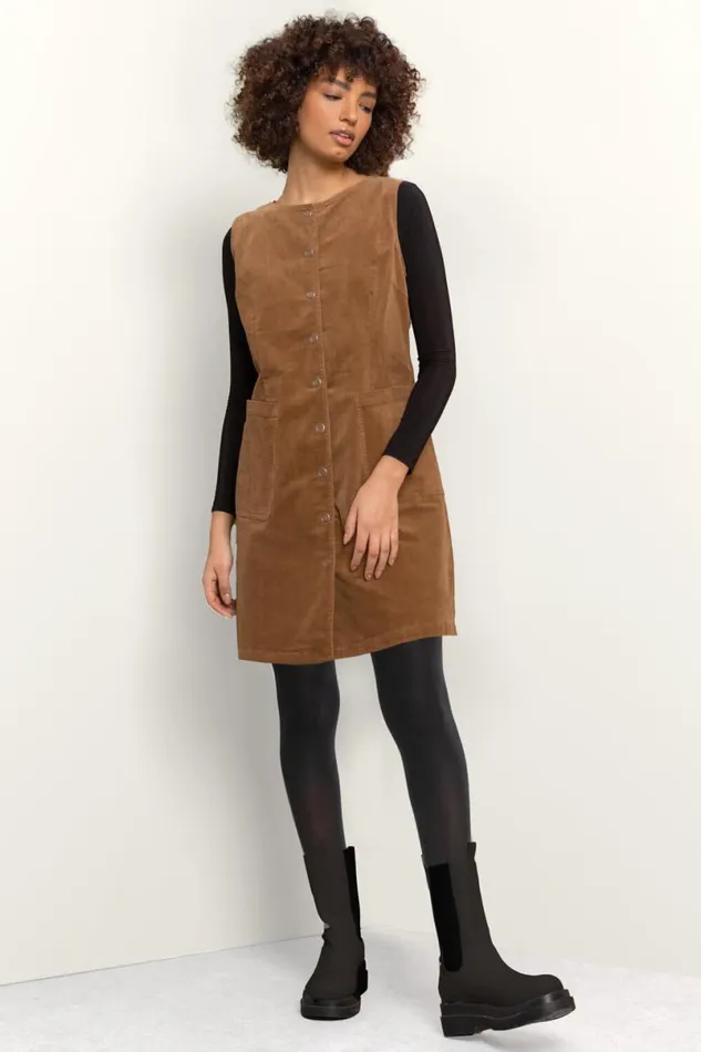 Camel Corduroy Button Detail Pinafore Dress Women Roman Dresses