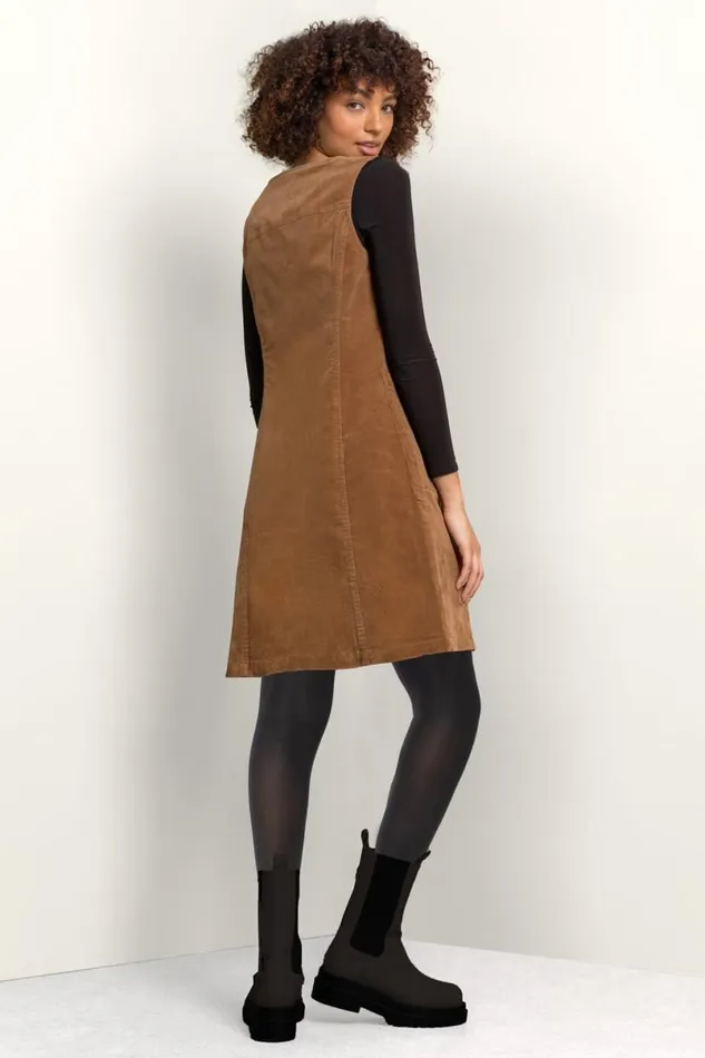 Camel Corduroy Button Detail Pinafore Dress Women Roman Dresses