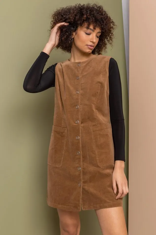 Camel Corduroy Button Detail Pinafore Dress Women Roman Dresses