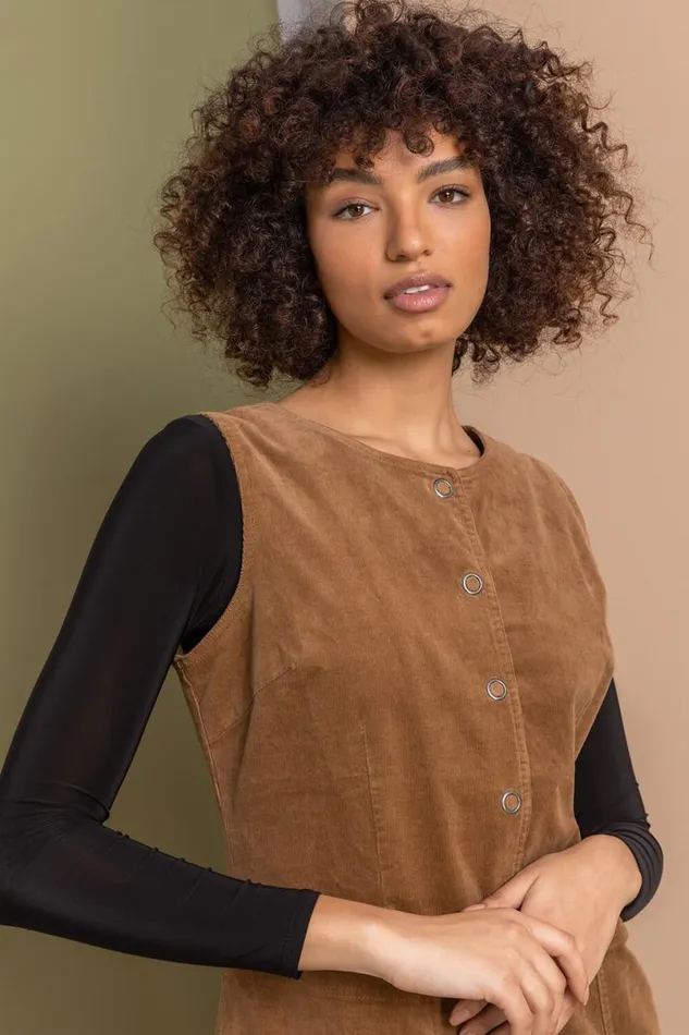 Camel Corduroy Button Detail Pinafore Dress Women Roman Dresses