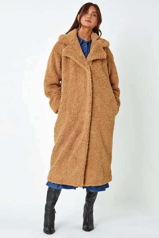 Camel Longline Faux Fur Teddy Borg Coat Women Roman Coats