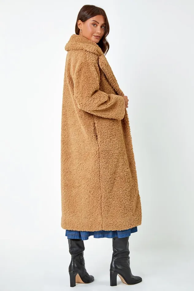Camel Longline Faux Fur Teddy Borg Coat Women Roman Coats