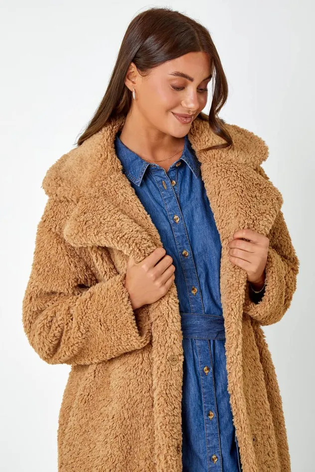 Camel Longline Faux Fur Teddy Borg Coat Women Roman Coats