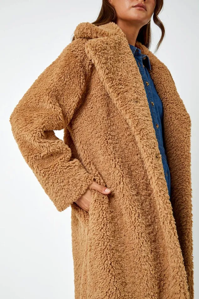 Camel Longline Faux Fur Teddy Borg Coat Women Roman Coats