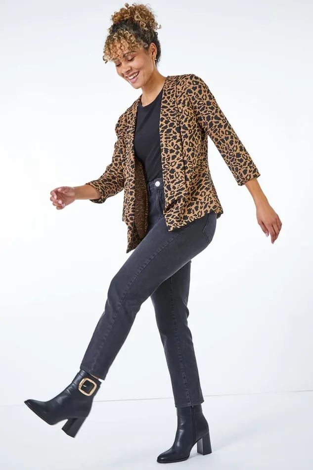 Camel Petite Waterfall Animal Print Jacket Women Roman Jackets