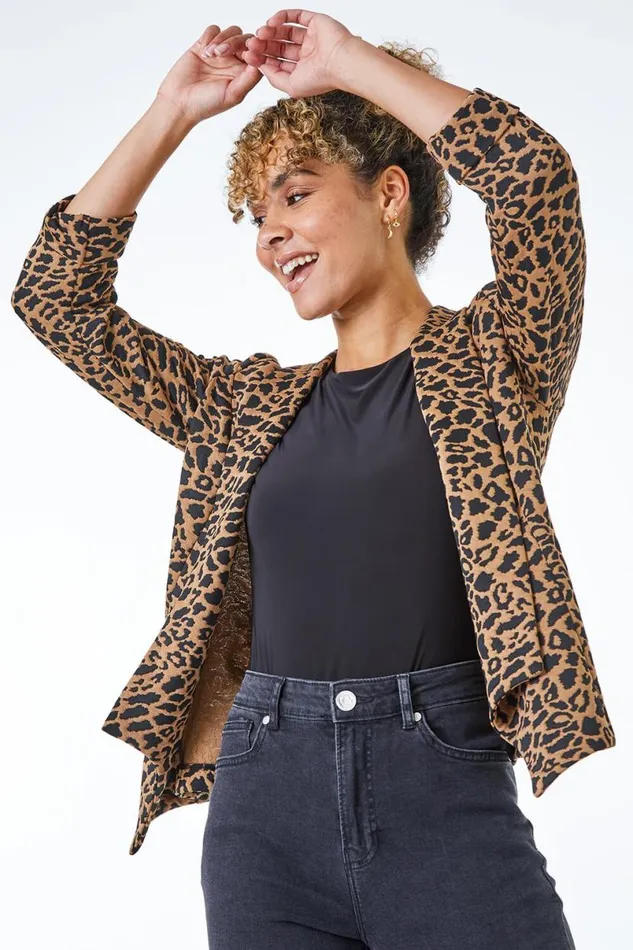 Camel Petite Waterfall Animal Print Jacket Women Roman Jackets