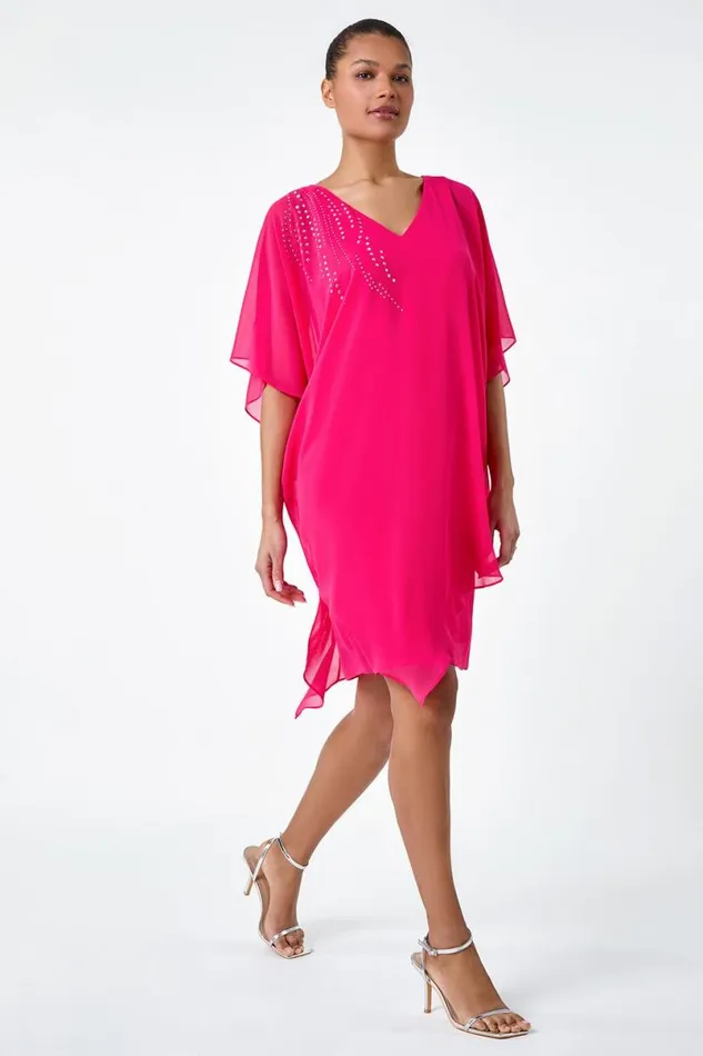 Cerise Embellished Cold Shoulder Overlay Dress Women Roman Dresses