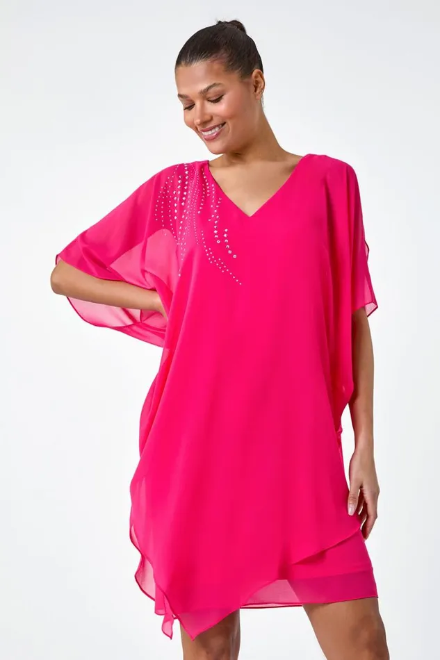 Cerise Embellished Cold Shoulder Overlay Dress Women Roman Dresses