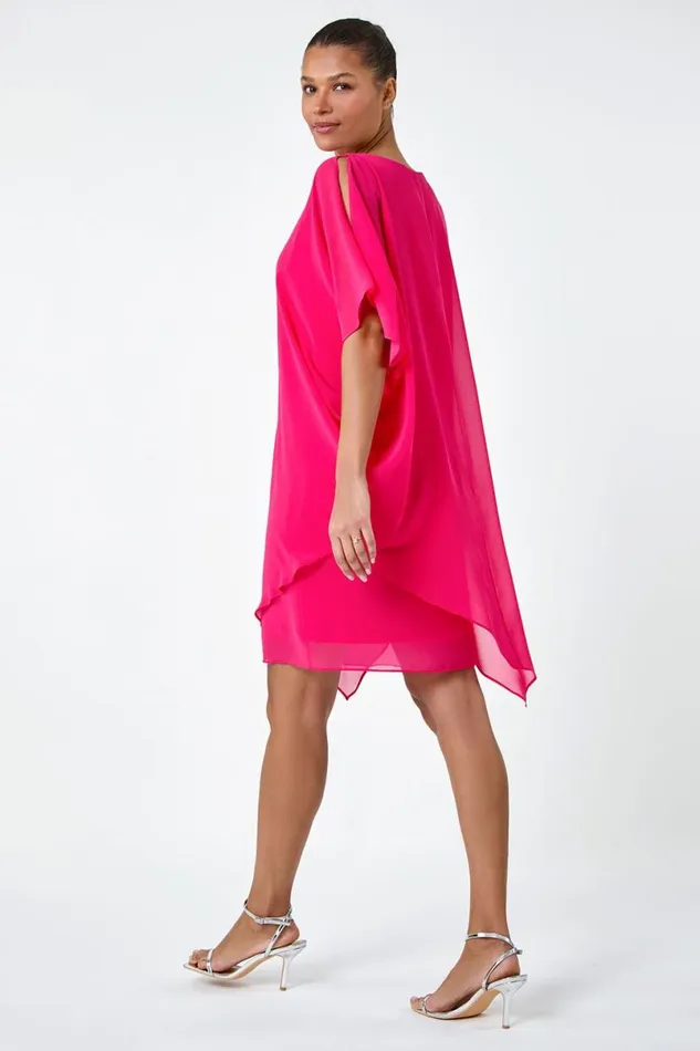 Cerise Embellished Cold Shoulder Overlay Dress Women Roman Dresses
