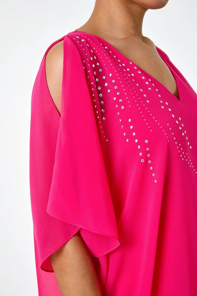 Cerise Embellished Cold Shoulder Overlay Dress Women Roman Dresses
